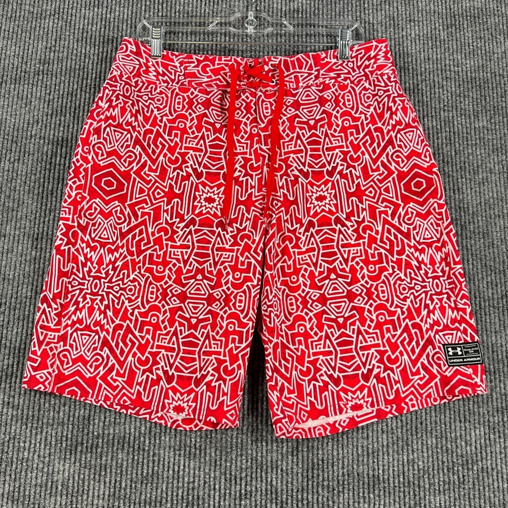 Under Armour Swim Shorts Mens 32 Red Geometric Loose Fit Heat Gear Beach